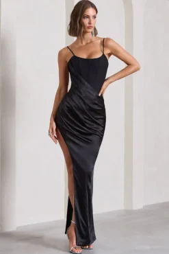 In Attendance | Black Satin Draped Corset Split Maxi Dress