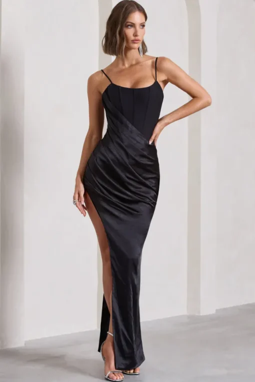 In Attendance | Black Satin Draped Corset Split Maxi Dress