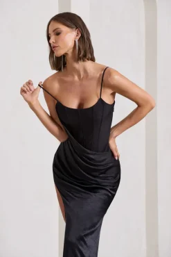 In Attendance | Black Satin Draped Corset Split Maxi Dress