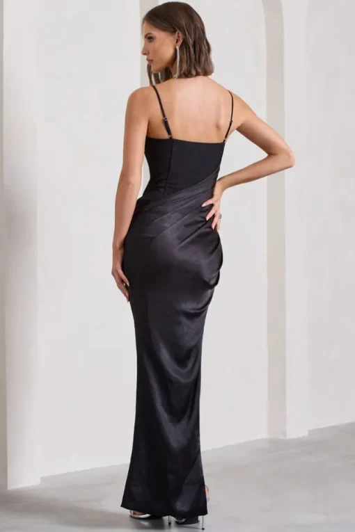 In Attendance | Black Satin Draped Corset Split Maxi Dress