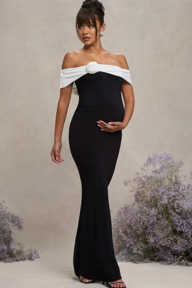 In Bloom | Black u0026 White Bardot Maternity Maxi Dress With Flower