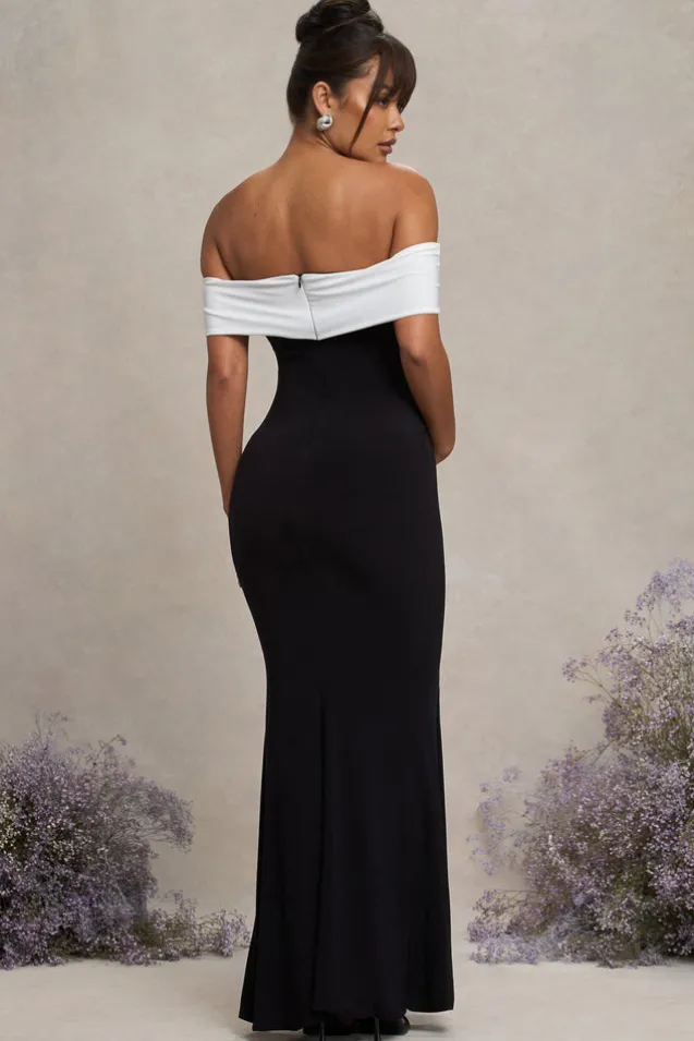 In Bloom | Black u0026 White Bardot Maternity Maxi Dress With Flower