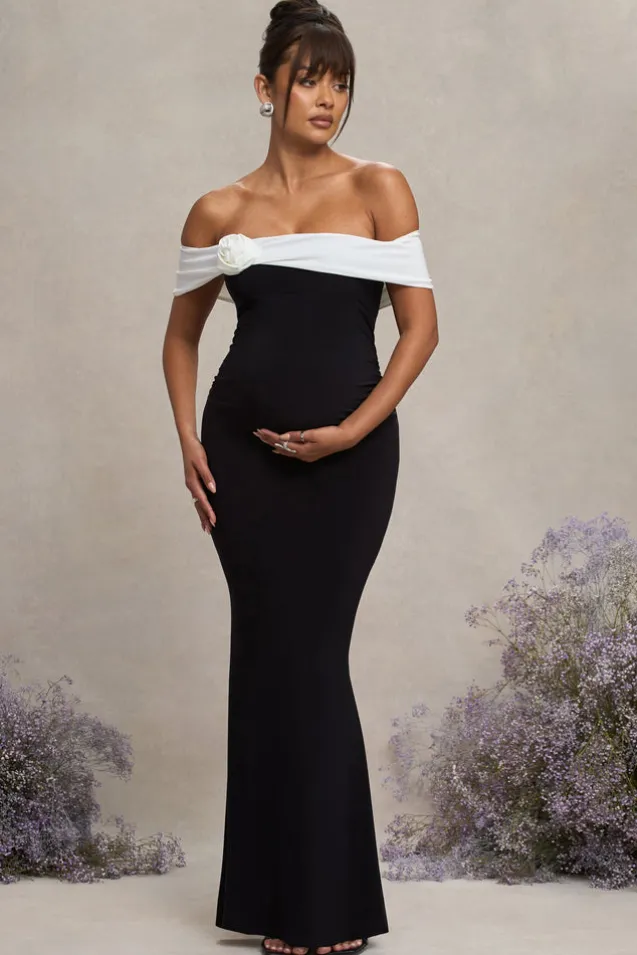 In Bloom | Black u0026 White Bardot Maternity Maxi Dress With Flower
