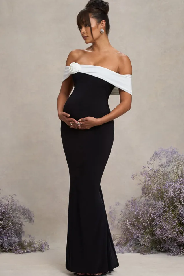 In Bloom | Black u0026 White Bardot Maternity Maxi Dress With Flower