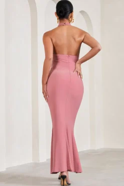 In My Heart | Blush Pink Mesh Halter-Neck Sleeveless Maternity Maxi Dress