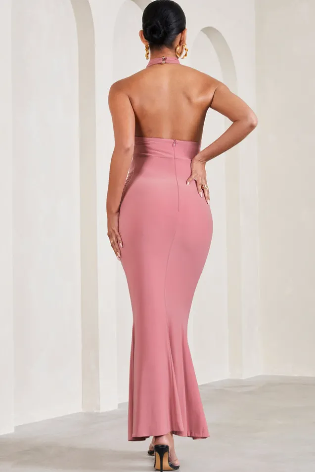 In My Heart | Blush Pink Mesh Halter-Neck Sleeveless Maternity Maxi Dress