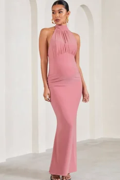 In My Heart | Blush Pink Mesh Halter-Neck Sleeveless Maternity Maxi Dress