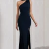 In Suspense | Navy One Shoulder Halter-Neck Split Maxi Dress With Flower