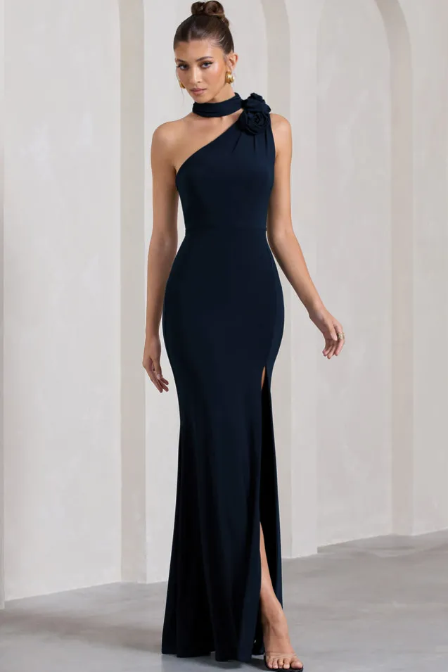 In Suspense | Navy One Shoulder Halter-Neck Split Maxi Dress With Flower