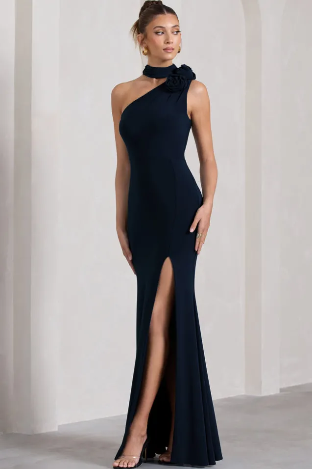 In Suspense | Navy One Shoulder Halter-Neck Split Maxi Dress With Flower