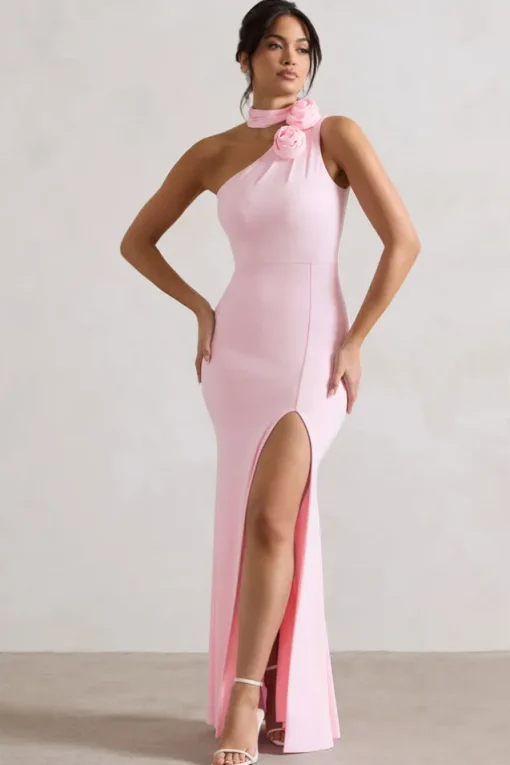 In Suspense | Pink One Shoulder Halter-Neck Split Maxi Dress With Flower
