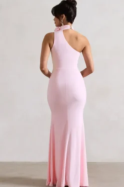 In Suspense | Pink One Shoulder Halter-Neck Split Maxi Dress With Flower
