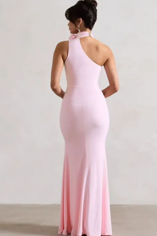 In Suspense | Pink One Shoulder Halter-Neck Split Maxi Dress With Flower