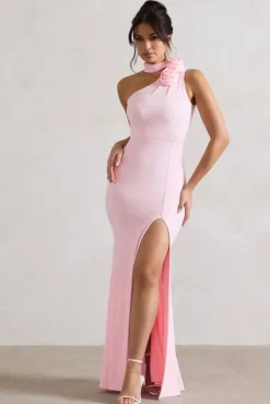 In Suspense | Pink One Shoulder Halter-Neck Split Maxi Dress With Flower