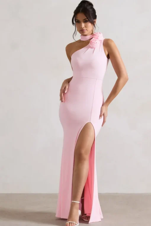 In Suspense | Pink One Shoulder Halter-Neck Split Maxi Dress With Flower