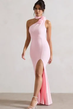 In Suspense | Pink One Shoulder Halter-Neck Split Maxi Dress With Flower