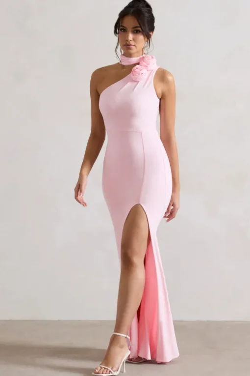 In Suspense | Pink One Shoulder Halter-Neck Split Maxi Dress With Flower
