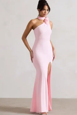 In Suspense | Pink One Shoulder Halter-Neck Split Maxi Dress With Flower