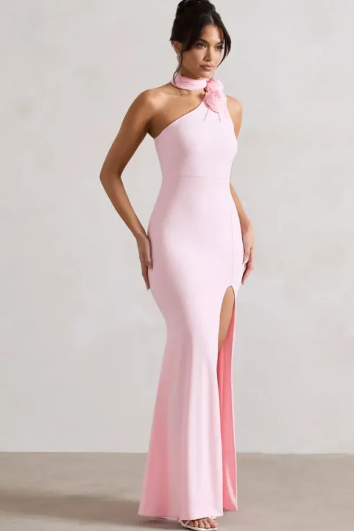 In Suspense | Pink One Shoulder Halter-Neck Split Maxi Dress With Flower