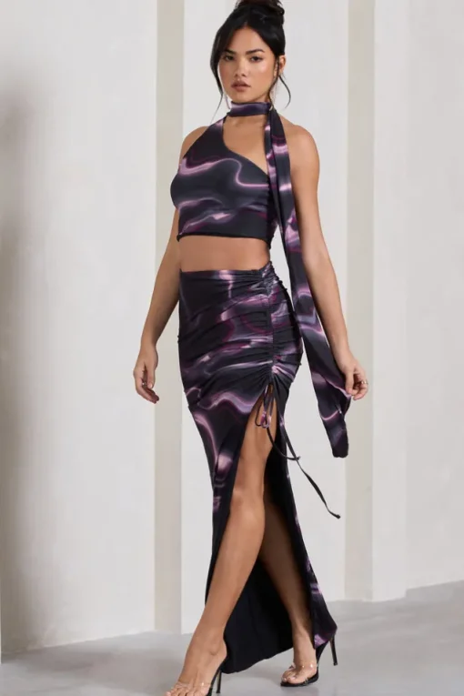 In The Air | Black Printed Ruched Asymmetric High-Waisted Maxi Skirt