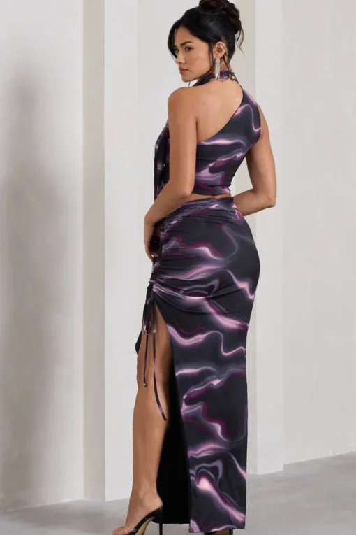 In The Air | Black Printed Ruched Asymmetric High-Waisted Maxi Skirt
