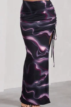 In The Air | Black Printed Ruched Asymmetric High-Waisted Maxi Skirt