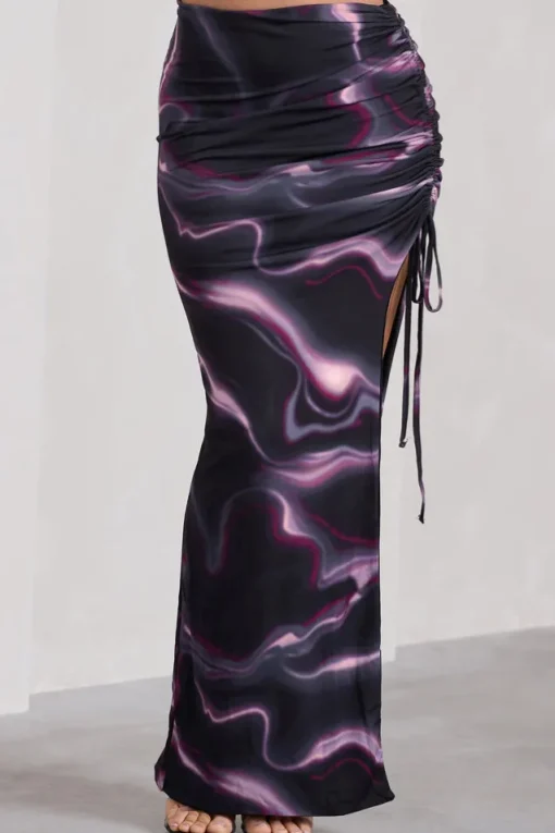 In The Air | Black Printed Ruched Asymmetric High-Waisted Maxi Skirt