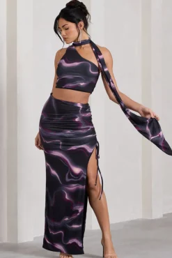 In The Air | Black Printed Ruched Asymmetric High-Waisted Maxi Skirt