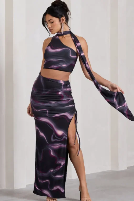 In The Air | Black Printed Ruched Asymmetric High-Waisted Maxi Skirt