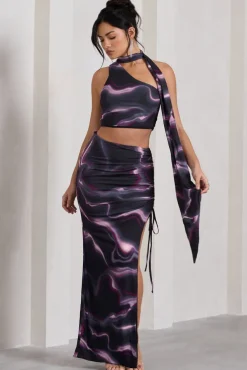 In The Air | Black Printed Ruched Asymmetric High-Waisted Maxi Skirt