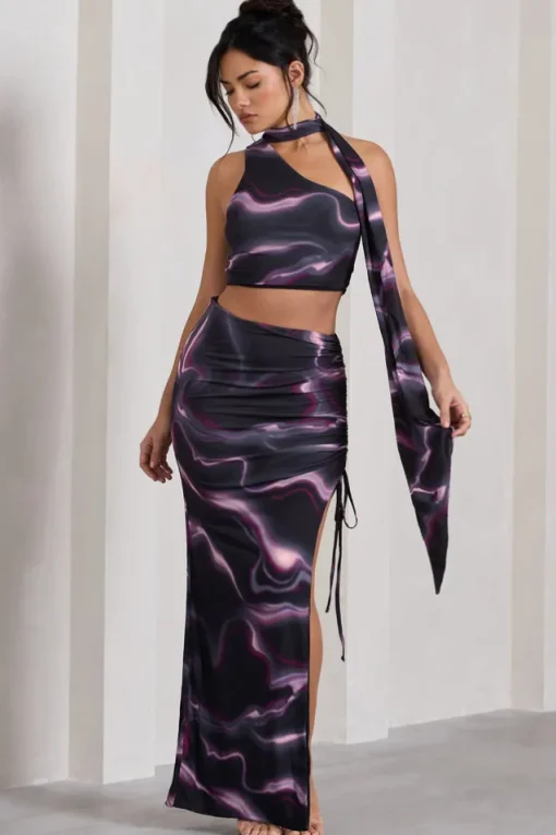 In The Air | Black Printed Ruched Asymmetric High-Waisted Maxi Skirt