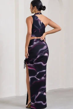 In The Air | Black Printed Ruched Asymmetric High-Waisted Maxi Skirt