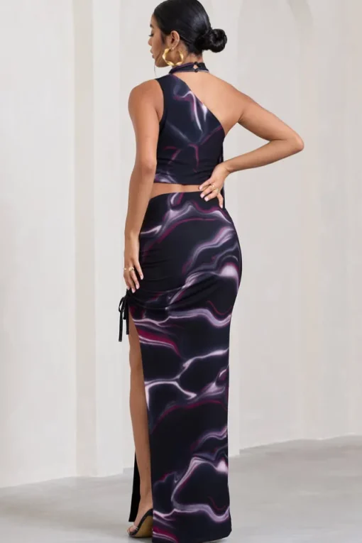 In The Air | Black Printed Ruched Asymmetric High-Waisted Maxi Skirt