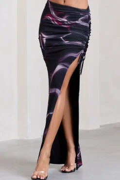 In The Air | Black Printed Ruched Asymmetric High-Waisted Maxi Skirt