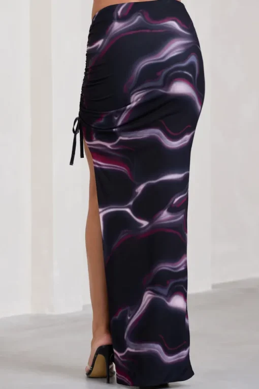In The Air | Black Printed Ruched Asymmetric High-Waisted Maxi Skirt
