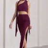 In The Air | Plum Ruched Asymmetric High-Waisted Maxi Skirt