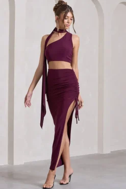 In The Air | Plum Ruched Asymmetric High-Waisted Maxi Skirt