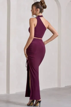 In The Air | Plum Ruched Asymmetric High-Waisted Maxi Skirt