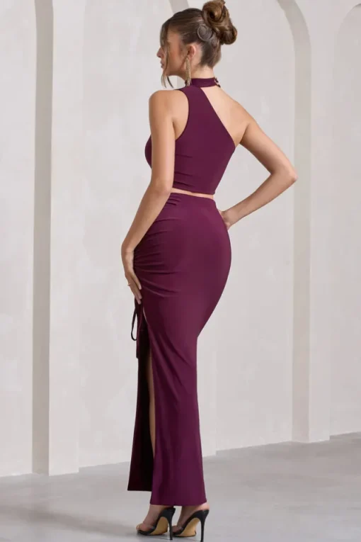 In The Air | Plum Ruched Asymmetric High-Waisted Maxi Skirt