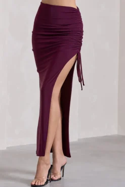 In The Air | Plum Ruched Asymmetric High-Waisted Maxi Skirt