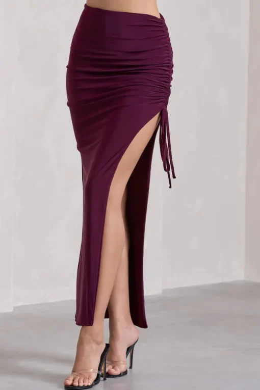 In The Air | Plum Ruched Asymmetric High-Waisted Maxi Skirt