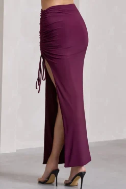 In The Air | Plum Ruched Asymmetric High-Waisted Maxi Skirt