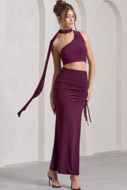 In The Air | Plum Ruched Asymmetric High-Waisted Maxi Skirt