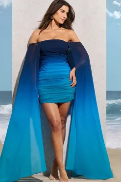 In The Deep | Blue Ombre Strapless Mini Dress With Cape Sleeves