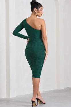 In The Shadows | Bottle Green One Shoulder Midi Dress With Ruching