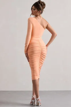 In The Shadows | Coral One Sleeve Midi Dress With Ruching