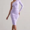 In The Shadows | Lilac One Sleeve Midi Dress With Ruching