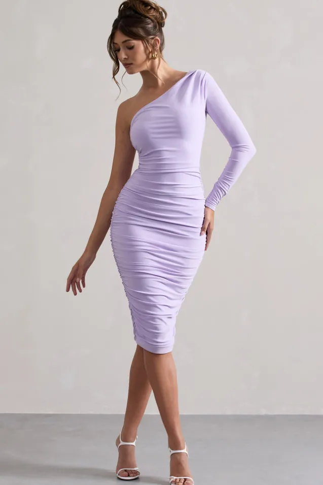 In The Shadows | Lilac One Sleeve Midi Dress With Ruching