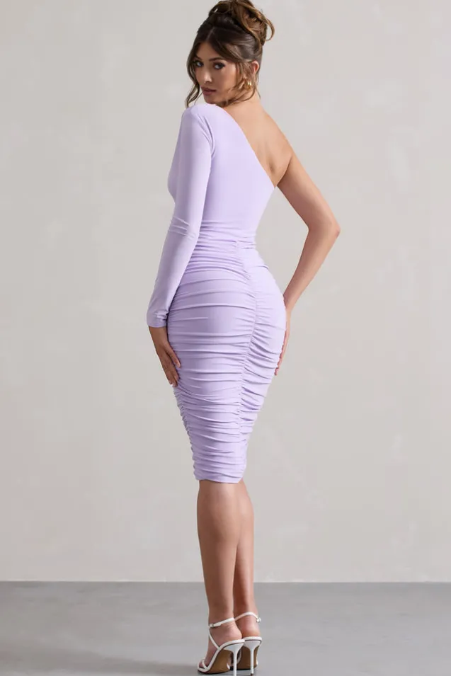 In The Shadows | Lilac One Sleeve Midi Dress With Ruching