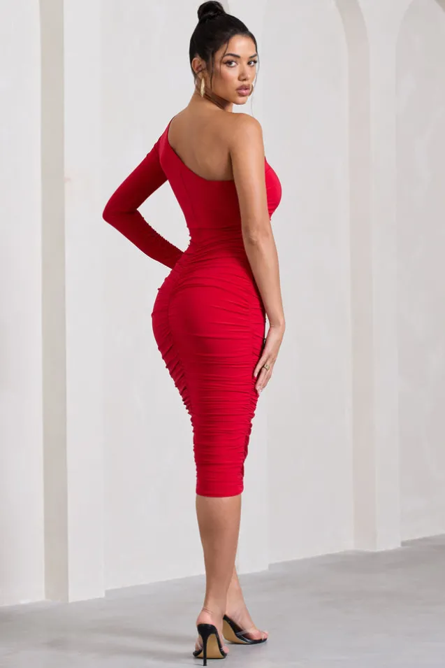 In The Shadows | Red One Sleeve Midi Dress With Ruching